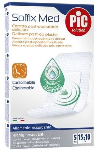 CEROTTO PIC SOFFIX MED IN TNT CON TAMPONE CENTRALE ASSORBENTE STERILE MONOUSO 10X15 CM ANTIBATTERICO 5 PEZZI - Okfarmacia