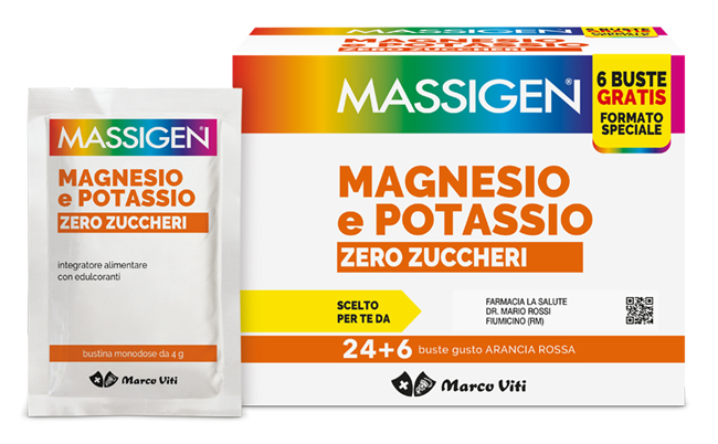 MASSIGEN MAGNESIO POTASSIO ZERO ZUCCHERO 24 BUSTINE + 6 BUSTINE - Okfarmacia