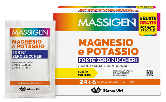 MASSIGEN MAGNESIO POTASSIO FORTE ZERO ZUCCHERO 24 BUSTINE + 6 BUSTINE - Okfarmacia