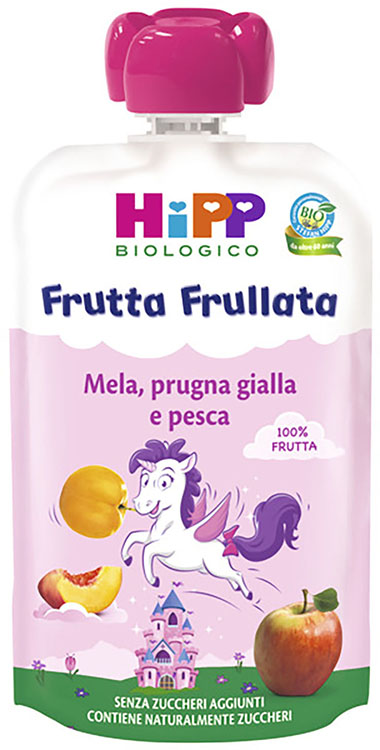 HIPP BIO FRUTTA FRULLATA UNICORNO MELA PRUGNA GIALLA PESCA 90 G - Okfarmacia
