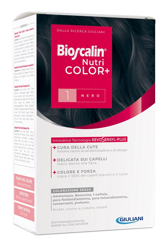 BIOSCALIN NUTRICOLOR PLUS 1 NERO CREMA COLORANTE 40 ML + RIVELATORE CREMA 60 ML + SHAMPOO 12 ML + TRATTAMENTO FINALE BALSAMO 12 ML - Okfarmacia