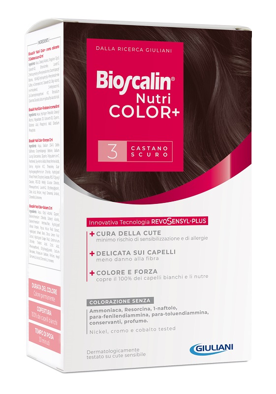 BIOSCALIN NUTRICOLOR PLUS 3 CASTANO SCURO CREMA COLORANTE 40 ML + RIVELATORE CREMA 60 ML + SHAMPOO 12 ML + TRATTAMENTO FINALE BALSAMO 12 ML - Okfarmacia