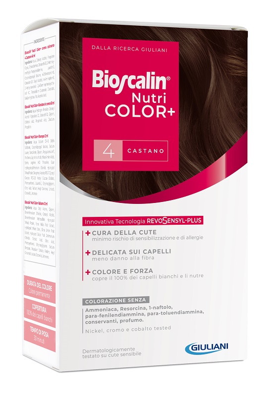 BIOSCALIN NUTRICOLOR PLUS 4 CASTANO CREMA COLORANTE 40 ML + RIVELATORE CREMA 60 ML + SHAMPOO 12 ML + TRATTAMENTO FINALE BALSAMO 12 ML - Okfarmacia