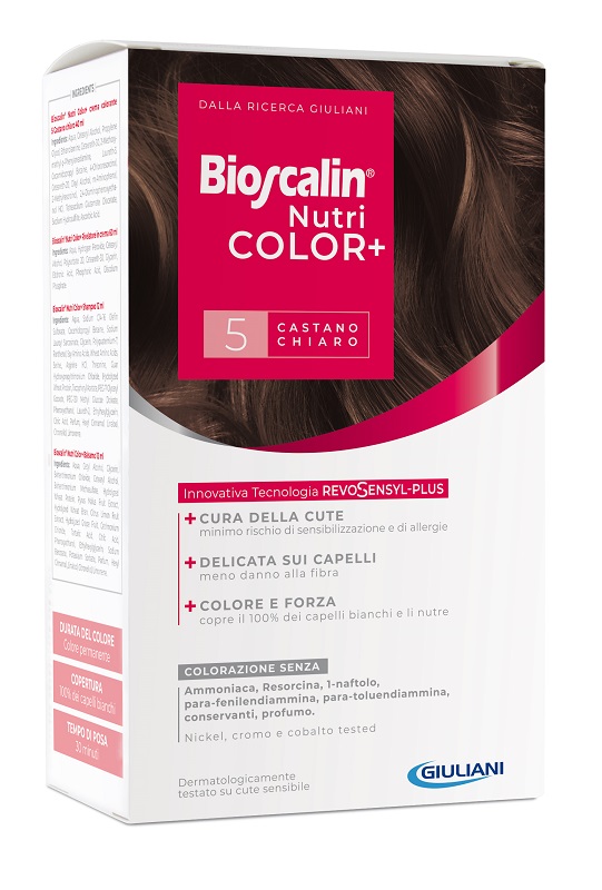 BIOSCALIN NUTRICOLOR PLUS 5 CASTANO CHIARO CREMA COLORANTE 40 ML + RIVELATORE CREMA 60 ML + SHAMPOO 12 ML + TRATTAMENTO FINALE BALSAMO 12 ML - Okfarmacia