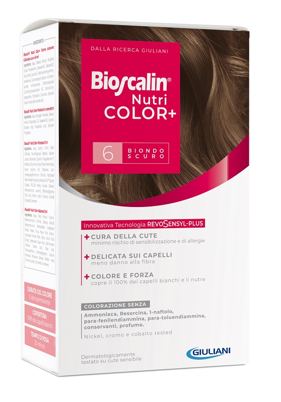 BIOSCALIN NUTRICOLOR PLUS 6 BIONDO SCURO CREMA COLORANTE 40 ML + RIVELATORE CREMA 60 ML + SHAMPOO 12 ML + TRATTAMENTO FINALE BALSAMO 12 ML - Okfarmacia
