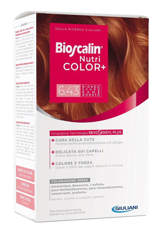 BIOSCALIN NUTRICOLOR PLUS 6,43 BIONDO SCURO RAME DORATO CREMA COLORANTE 40 ML + RIVELATORE CREMA 60 ML + SHAMPOO 12 ML + TRATTAMENTO FINALE BALSAMO 12 ML - Okfarmacia