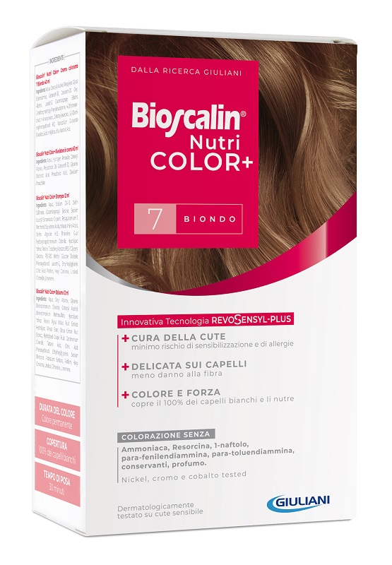 BIOSCALIN NUTRICOLOR PLUS 7 BIONDO CREMA COLORANTE 40 ML + RIVELATORE CREMA 60 ML + SHAMPOO 12 ML + TRATTAMENTO FINALE BALSAMO 12 ML - Okfarmacia