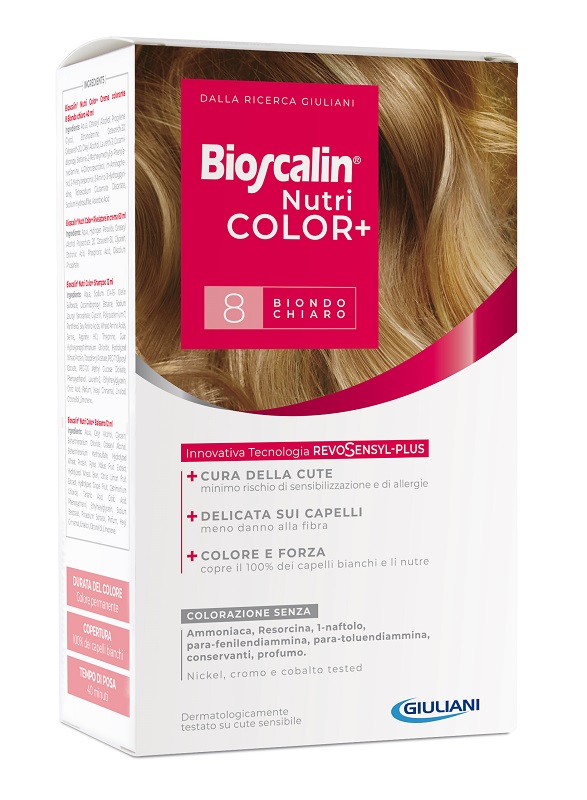 BIOSCALIN NUTRICOLOR PLUS 8 BIONDO CHIARO CREMA COLORANTE 40 ML + RIVELATORE CREMA 60 ML + SHAMPOO 12 ML + TRATTAMENTO FINALE BALSAMO 12 ML - Okfarmacia