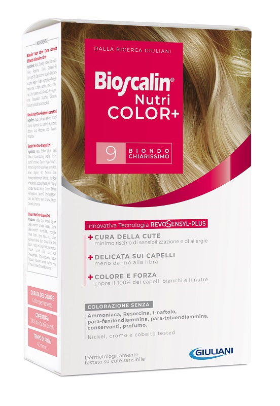 BIOSCALIN NUTRICOLOR PLUS 9 BIONDO CHIARISSIMO CREMA COLORANTE 40 ML + RIVELATORE CREMA 60 ML + SHAMPOO 12 ML + TRATTAMENTO FINALE BALSAMO 12 ML - Okfarmacia