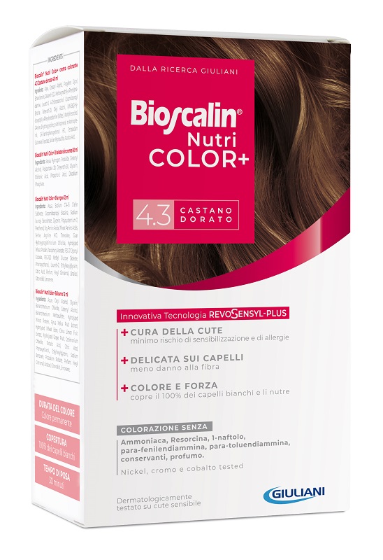 BIOSCALIN NUTRICOLOR PLUS 4,3 CASTANO DORATO CREMA COLORANTE 40 ML + RIVELATORE CREMA 60 ML + SHAMPOO 12 ML + TRATTAMENTO FINALE BALSAMO 12 ML - Okfarmacia