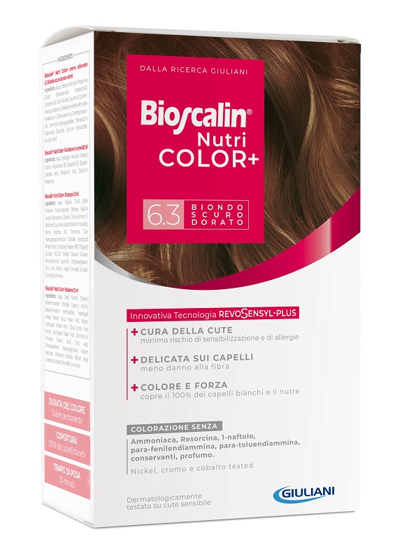 BIOSCALIN NUTRICOLOR PLUS 6,3 BIONDO SCURO DORATO CREMA COLORANTE 40 ML + RIVELATORE CREMA 60 ML + SHAMPOO 12 ML + TRATTAMENTO FINALE BALSAMO 12 ML - Okfarmacia
