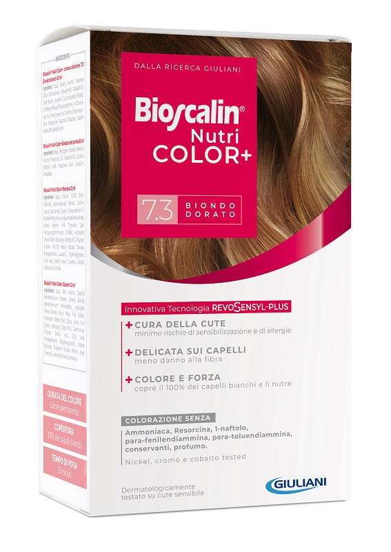 BIOSCALIN NUTRICOLOR PLUS 7,3 BIONDO DORATO CREMA COLORANTE 40 ML + RIVELATORE CREMA 60 ML + SHAMPOO 12 ML + TRATTAMENTO FINALE BALSAMO 12 ML - Okfarmacia