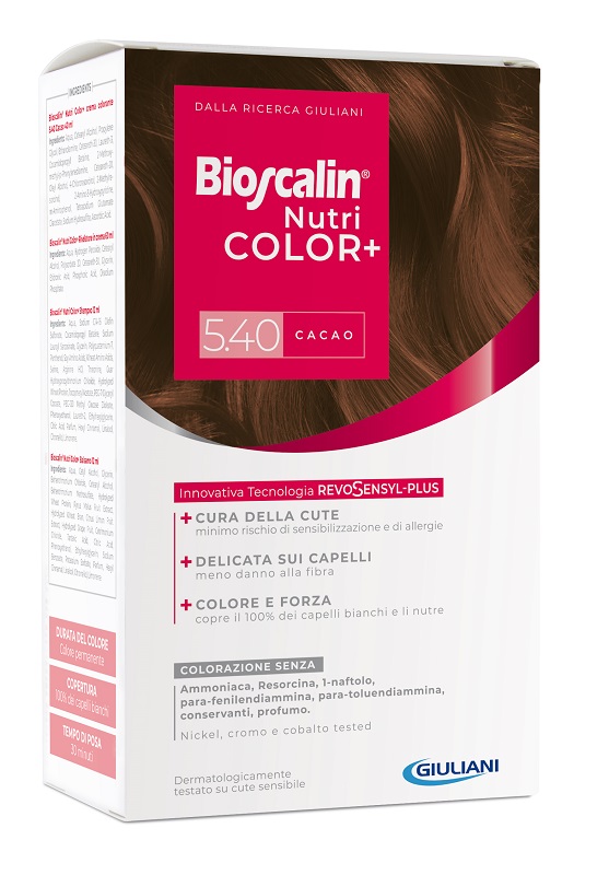 BIOSCALIN NUTRICOLOR PLUS 5,40 CACAO CREMA COLORANTE 40 ML + RIVELATORE CREMA 60 ML + SHAMPOO 12 ML + TRATTAMENTO FINALE BALSAMO 12 ML - Okfarmacia