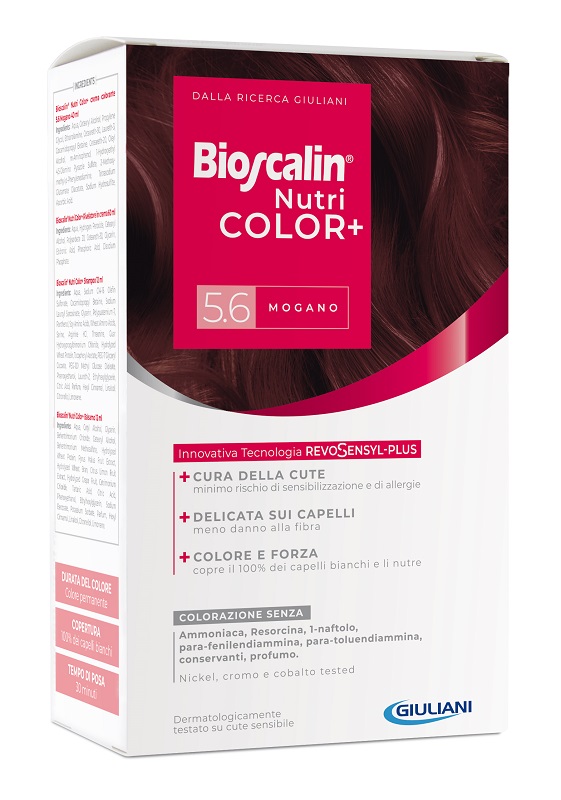BIOSCALIN NUTRICOLOR PLUS 5,6 MOGANO CREMA COLORANTE 40 ML + RIVELATORE CREMA 60 ML + SHAMPOO 12 ML + TRATTAMENTO FINALE BALSAMO 12 ML - Okfarmacia