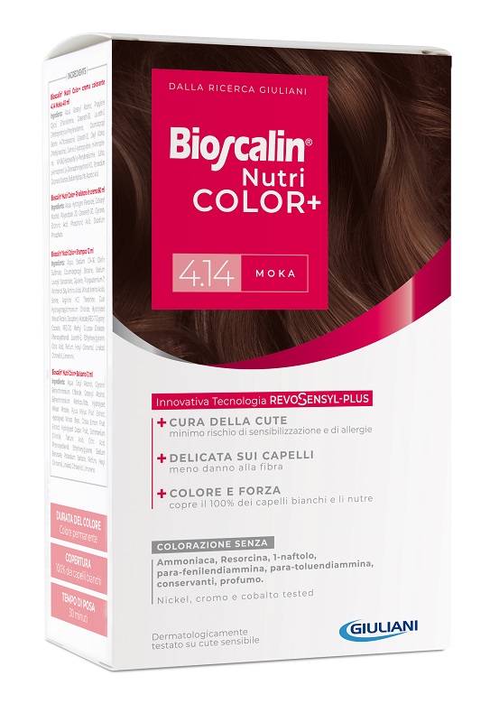 BIOSCALIN NUTRICOLOR PLUS 4,14 MOKA CREMA COLORANTE 40 ML + RIVELATORE CREMA 60 ML + SHAMPOO 12 ML + TRATTAMENTO FINALE BALSAMO 12 ML - Okfarmacia