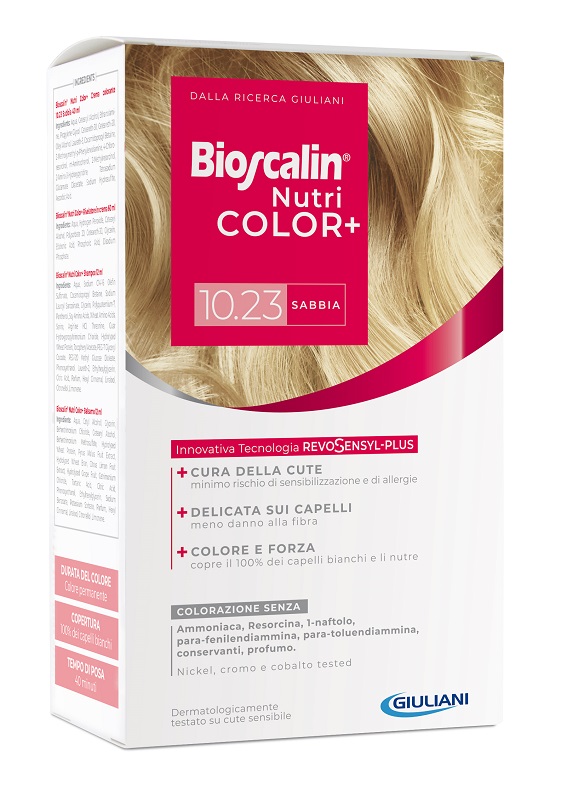 BIOSCALIN NUTRICOLOR PLUS 10,23 SABBIA CREMA COLORANTE 40 ML + RIVELATORE CREMA 60 ML + SHAMPOO 12 ML + TRATTAMENTO FINALE BALSAMO 12 ML - Okfarmacia
