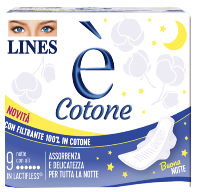 LINES E' COTONE ALI ASSORBENTE ESTERNO NOTTE 9 PEZZI - Okfarmacia